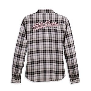 NWT Harley Davidson Women's Pink Label Plaid Woven Shirt, Black/White, Sz Small